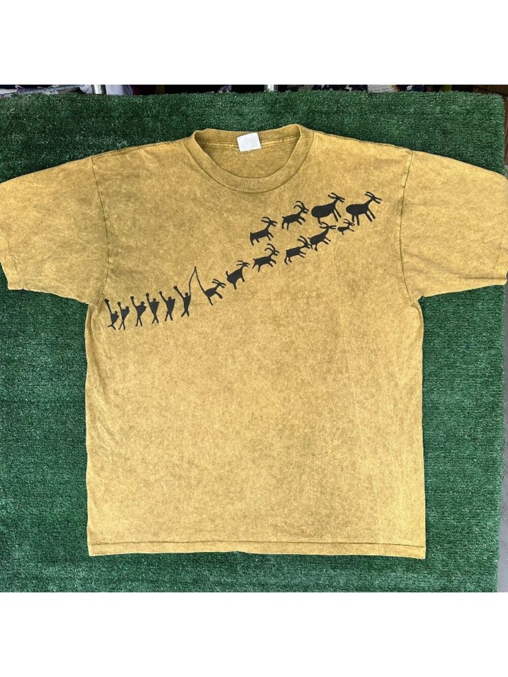 Vintage 90s Native Indian Cave Art T-Shirt Tie Dye Tan XL Single Stitch Hunting